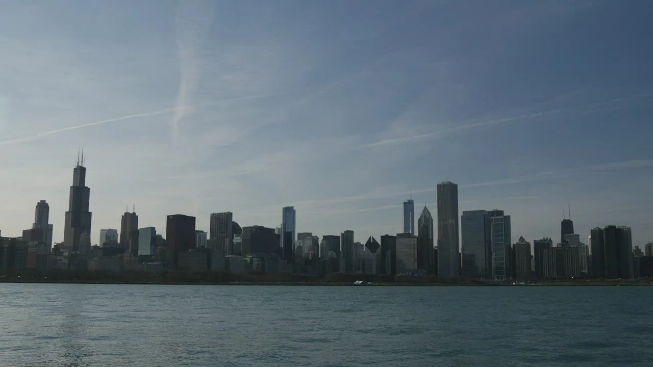 Chicago skyline and lakefront at dusk